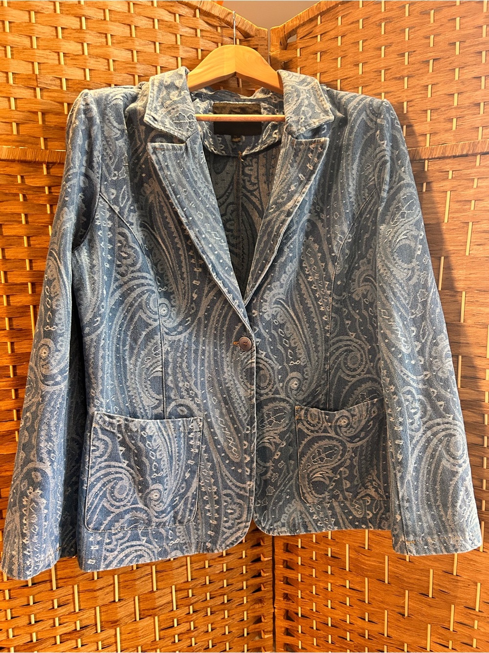 Blue Paisley Denim-Look Blazer Jacket Solitaire Size XL Boho